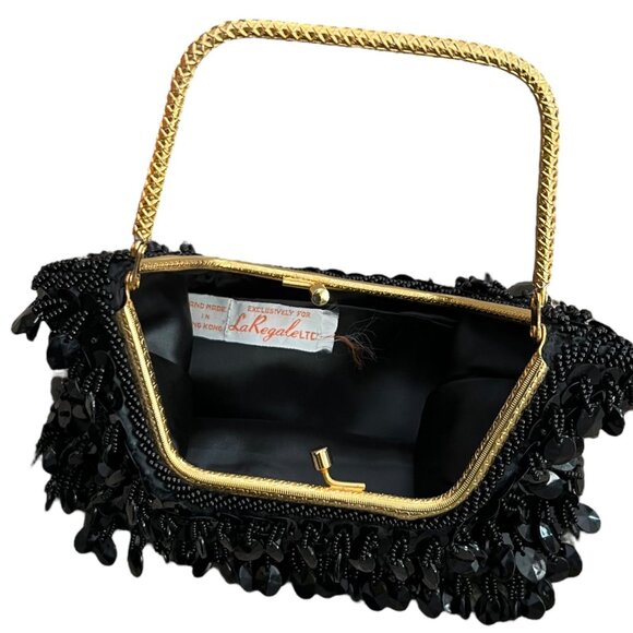 Vintage Beaded Sequin Kiss Lock Clutch Black Formal Glam Flapper‎ Going Out - Picture 3 of 7
